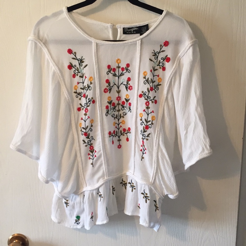Wrangler Retro Floral Embroidered Peasant Top